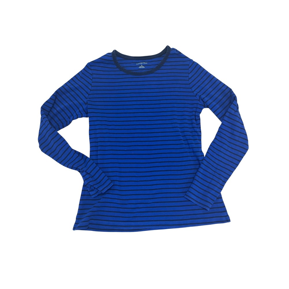 Lands End Womens Small‎ 6-8 Blue Striped Long Sleeve 100% Cotton Crew Neck Tee